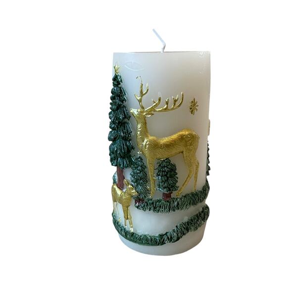 Christmas Pillar Candle Set of 2 Embossed Reindeer & Christmas Pine Trees 6" NEW - Picture 12 of 13